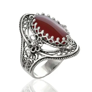 Carnelian Gemstone Sterling Silver Women Statement Ring with Daisy Figures
