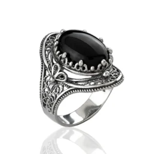 Black Onyx Gemstone Filigree Art Woman Silver Statement Ring