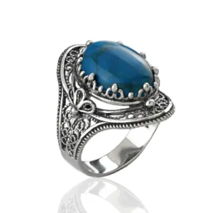Turquoise Gemstone Filigree Art Woman Silver Statement Ring