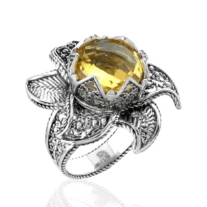 Lotus Flower Citrine Gemstone Women Silver Statement Ring