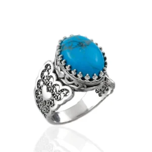 Turquoise Gemstone Double Heart Detailed Filigree Art 925 Sterling Silver Women Statement Ring