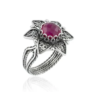 Filigree Art Ruby Corundum Gemstone Daisy Flower Women Silver Cocktail Ring