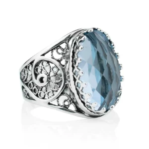 Filigree Art Blue Topaz Gemstone Women Oval Silver Cocktail Ring