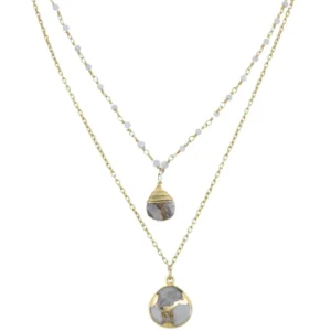Double Jill Necklace with Gold Moonstone Chain and White Mojave Copper Turquoise Pendant