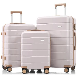 Premium ABS Travel Luggage Set , 3-Piece TSA Lock Suitcase Ensemble with 20, 24, and 28 Inch Sizes with 360 Spinner Wheels, light grey and golden