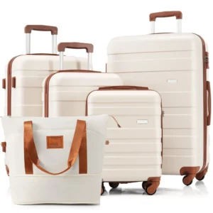 5-Piece Luggage Set with Expandable Travel Bag - Includes 16", 20", 24", 28" Suitcases with 360 Spinner Wheels and Adjustable Telescopic Handles, ivory and brown