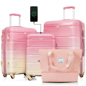 Luggage Sets 4 Piece, 20-inch with USB Port, Expandable ABS Durable Suitcase with Travel Bag, Cup Holder, ABS+PC Hard Shell Luggage with Spinner Wheels, Gradient Pink