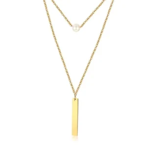 Steel Gold Bar And Pearl Layered Necklace