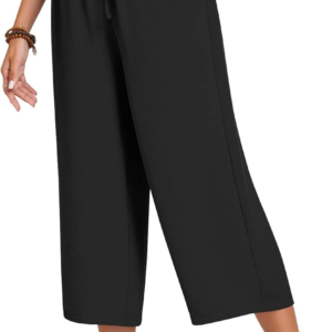 Womens Capri Pants Loose High Waisted Wide Leg Lounge Pants Drawstring Casual Palazzo Trousers with Pockets