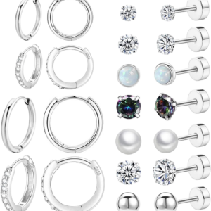 Surgical Steel Flat Back Earrings Set for Multiple Piercing Sensitive Ears,Sterling Silver Hypoallergenic Small Cartilage Huggie Hoop Earrings Titanium Tiny CZ Pearl Opal Stud Earrings for Women
